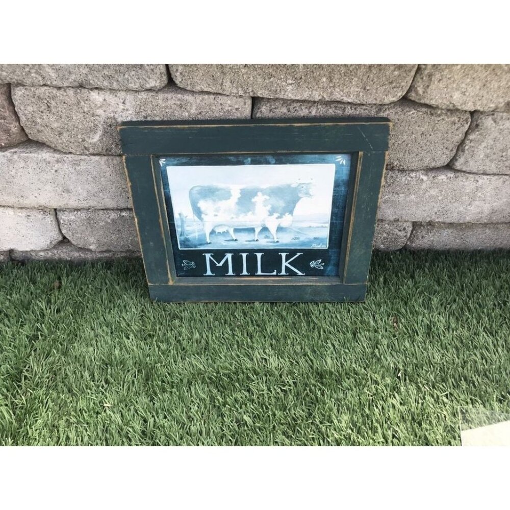 Print Distressed Wooden Framed MILK Cow Art Painting Wall 13 x 11